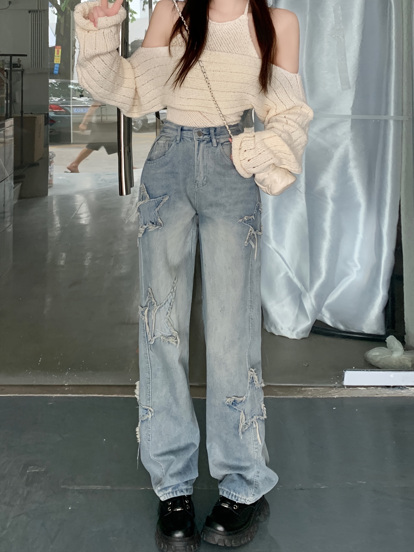Korean women girls retro Denim high waist jeans slim wide leg