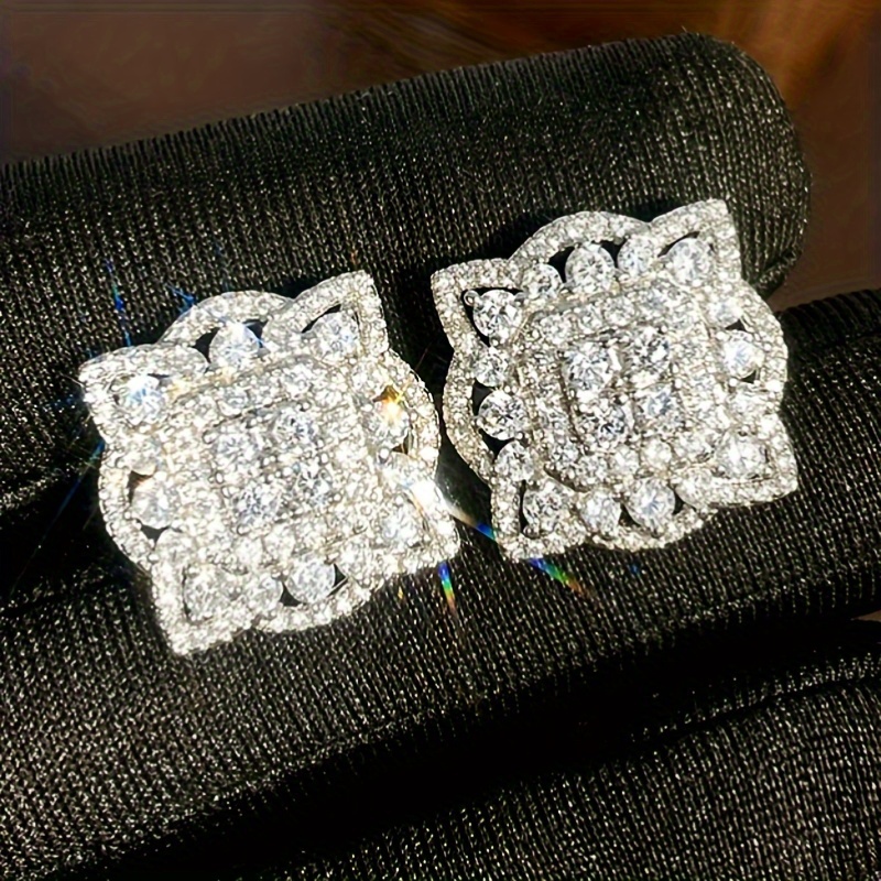 TEMU Sparkling Square Shaped Stud Earrings Copper Jewelry Embellished With Zirconia Elegant Luxury Style For Women Wedding Dating Earrings