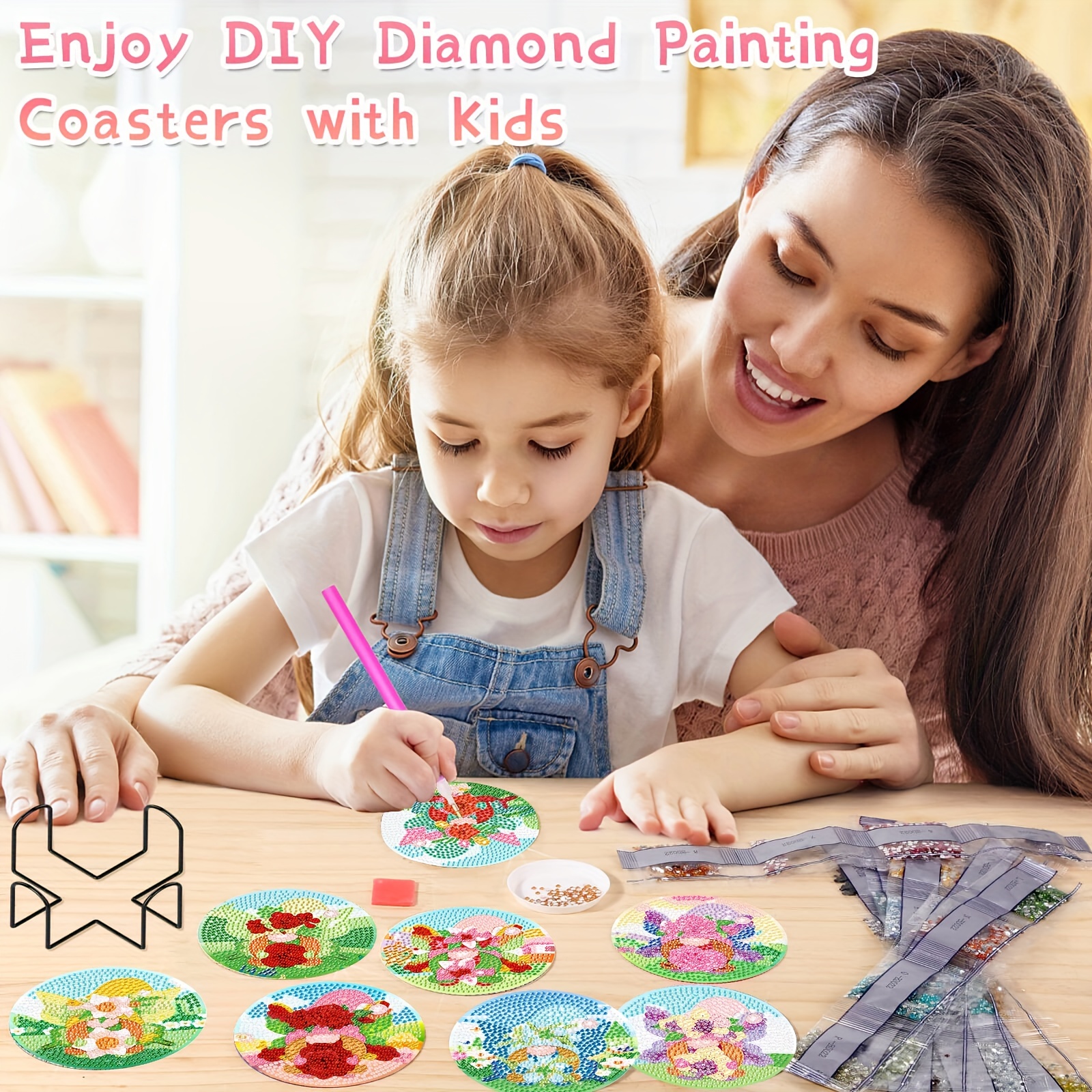 8pcs Diamond Painting Coaster Set With Iron Frame, Diy Diamond Art
