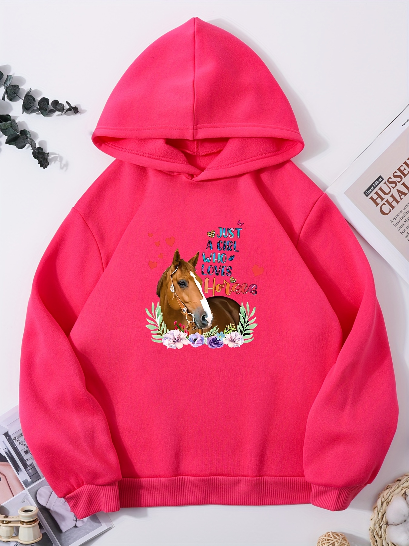 a Girl Loves Horse Print Girls Casual Long Sleeve Hooded Temu