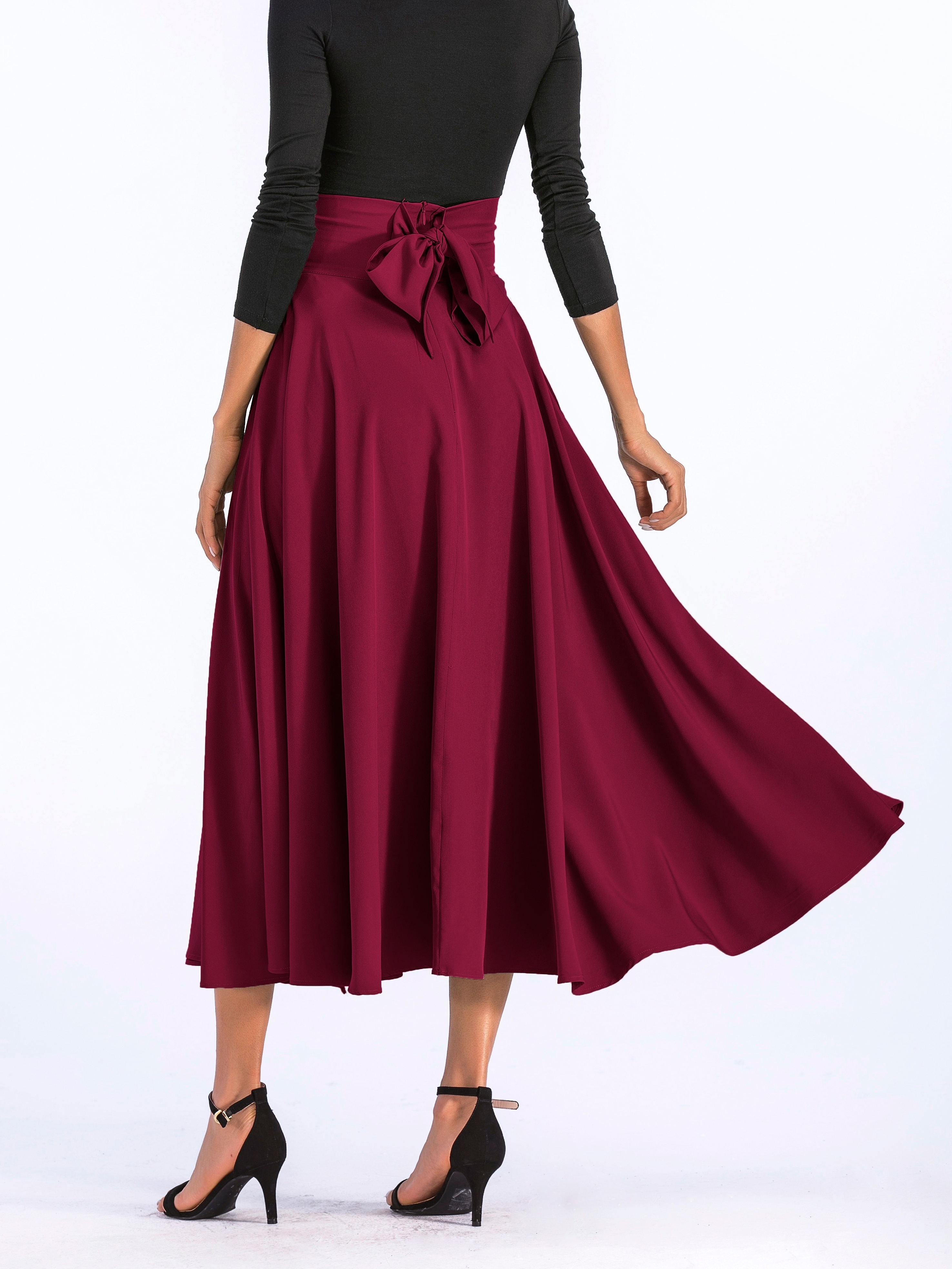 Tie Back Solid Maxi Skirts, Elegant High Waist Flared Skirts