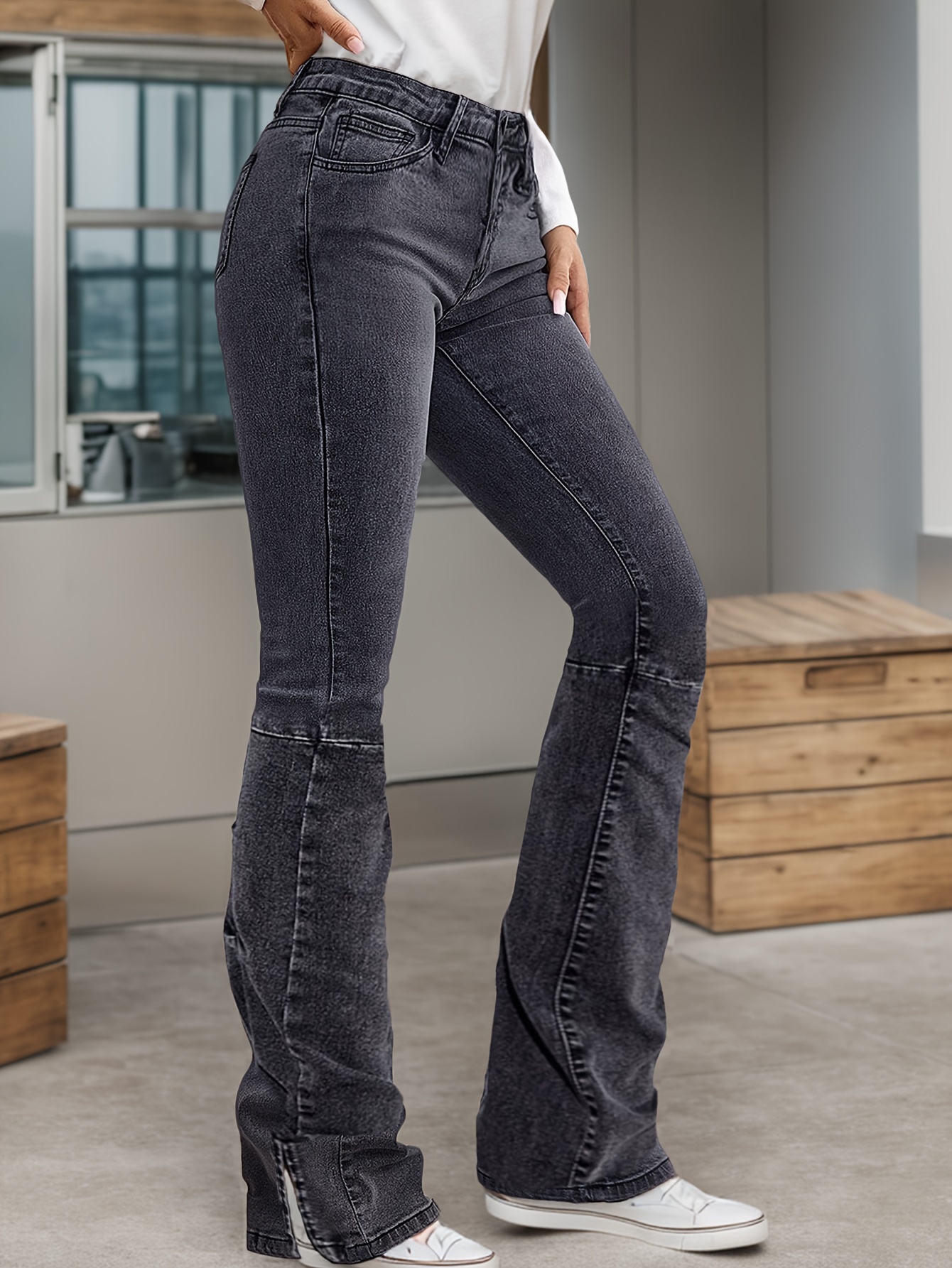 Dark Grey Ripped Flared Jeans, Slash Pockets Bell Bottom High-Stretch Denim  Pants, Women's Denim Jeans & Clothing