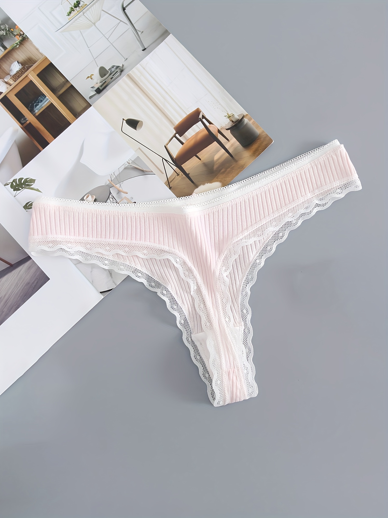 Solid Lace Trim Ribbed Low Waist Panties Cute Everyday - Temu