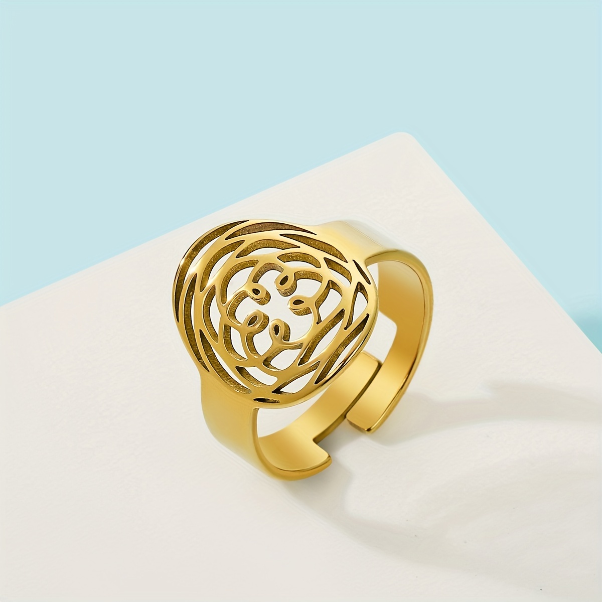Golden Stainless Steel Rose Pattern Ring for Men