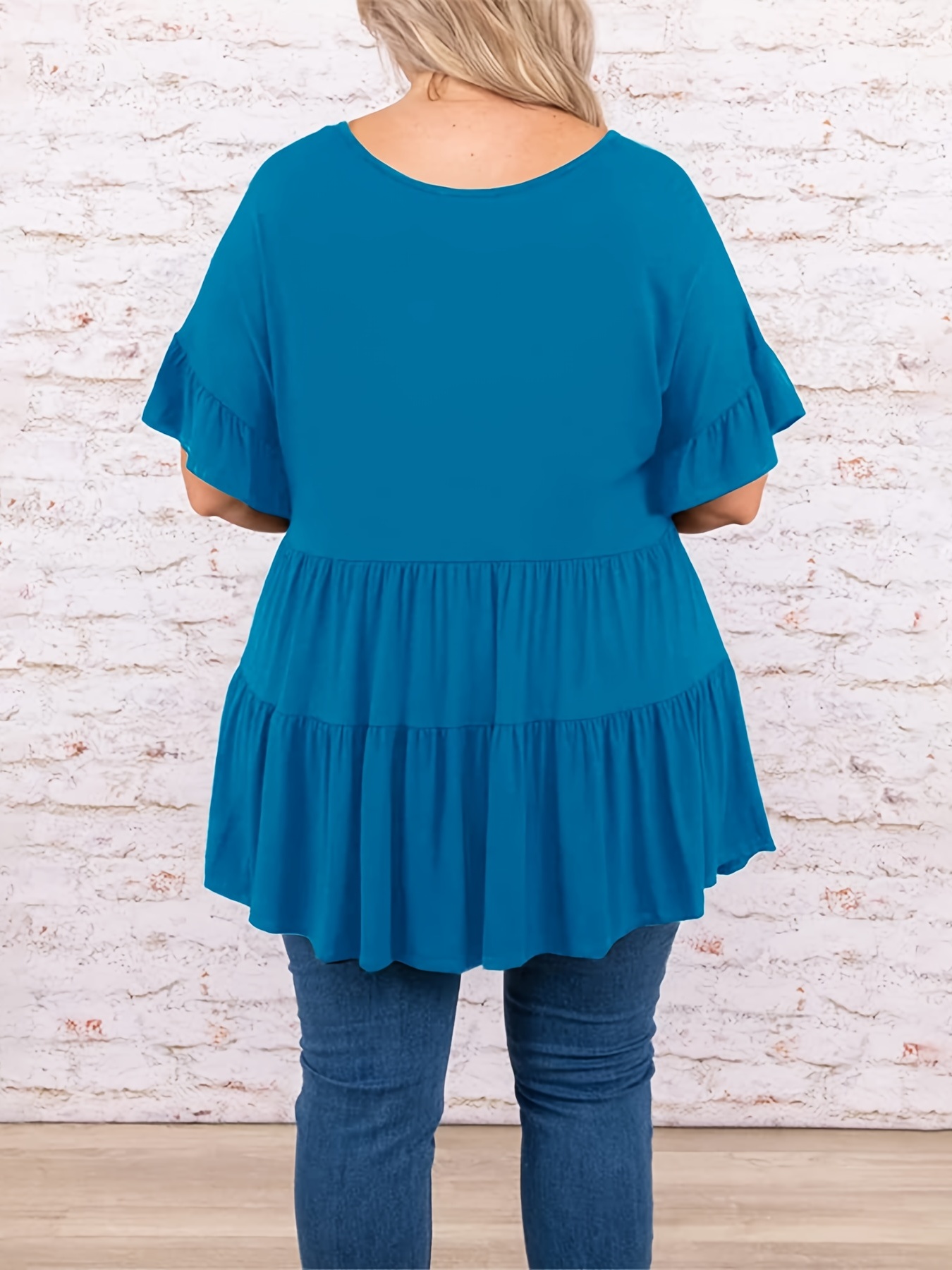 Pale Blue Shirred Frill Peplum Blouse