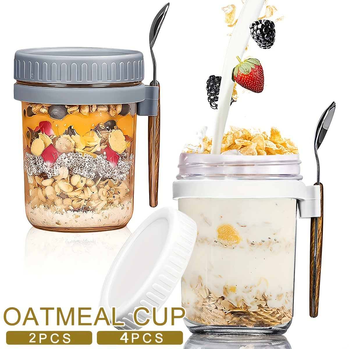 16oz Mason Jars for Overnight Oats Oatmeal Container - 2 Pack with Lids &  Spoon