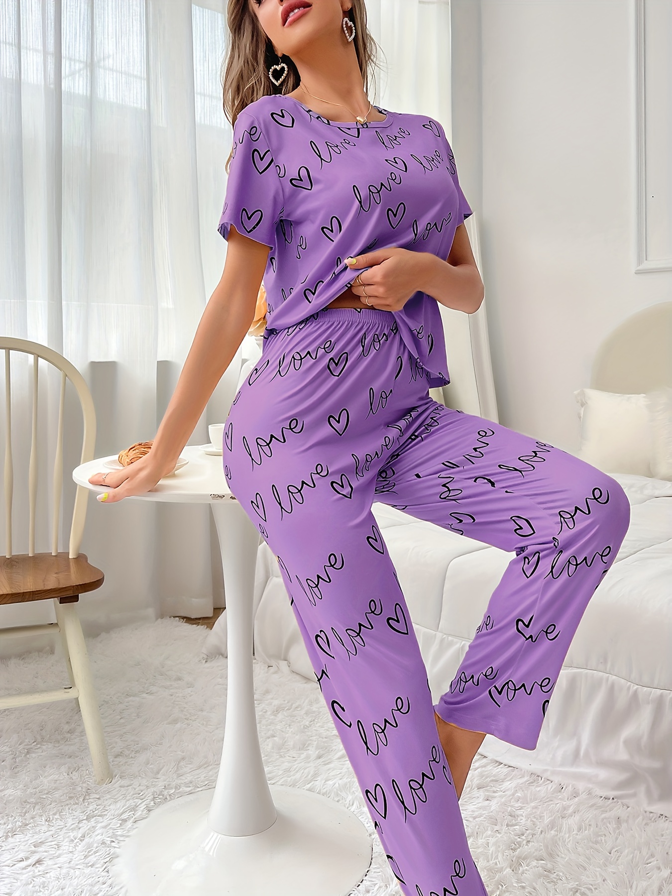 Cozyease Women's Cute Pajama Set Heart Print Short Sleeve Round