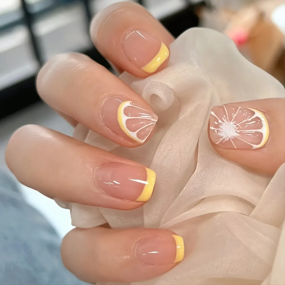 Fake Short Press On Nails Yellow Glossy Cover Nails With Lemon Design For Women And Girls - Beauty Health - Temu