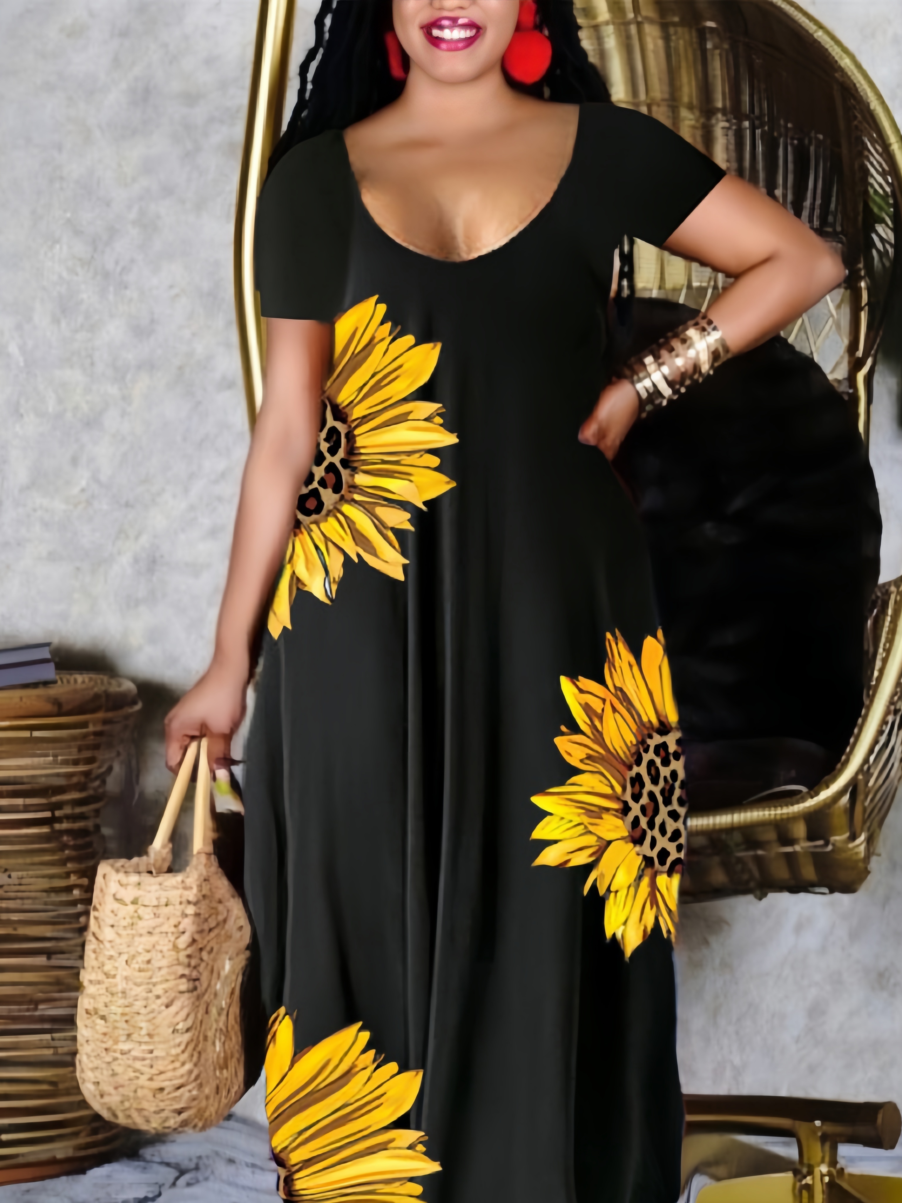 leopard sunflower pocket print dress casual crew neck short sleeve dress womens clothing