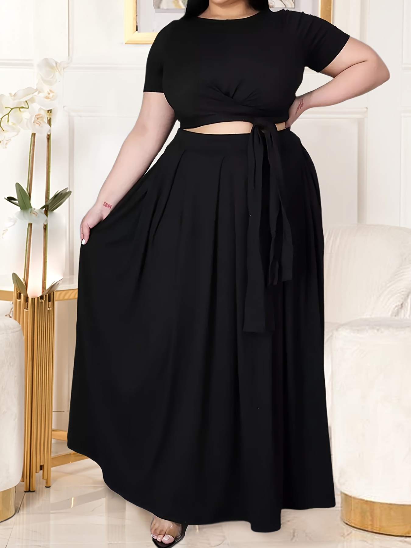 Womens Sexy Plus Size 2 Piece Outfits - Slim Short Sleeve Crop Tops Skinny  High Waist Maxi Long Skirts Set Clubwear