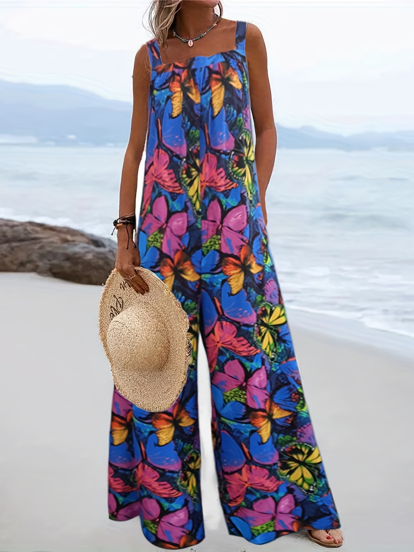 Butterfly Print Wide Leg Jumpsuit Casual Backless Jumpsuit