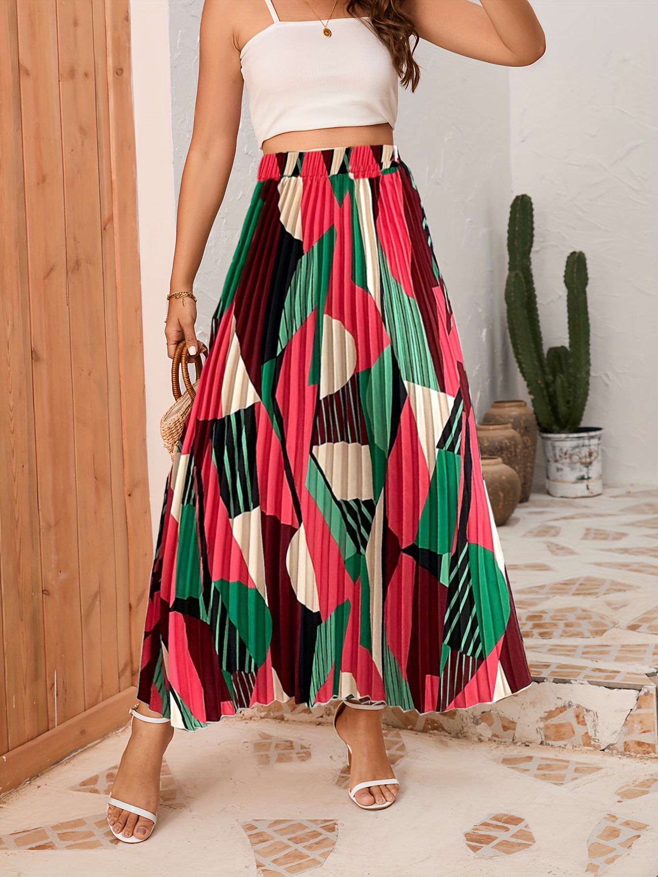 Abstract Print High Waist Skirts, Boho Shirred Pleated Maxi Skirts, Women's  Clothing