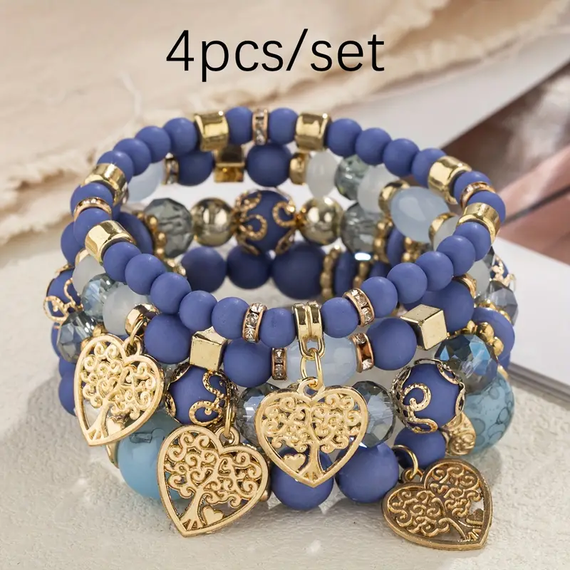 4pcs set bohemian multi layer glass bead handmade bracelet hollow heart multi layer tassel bracelet for men women details 6