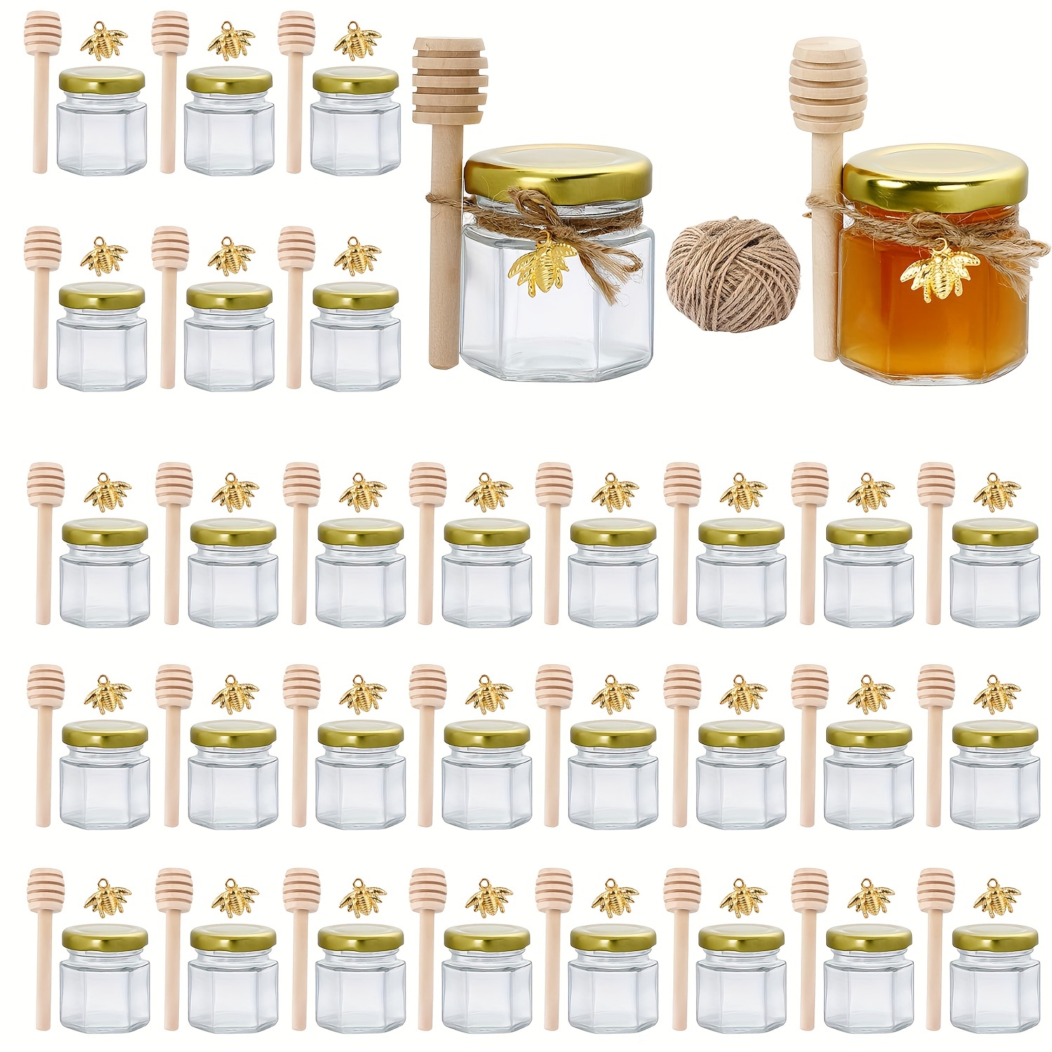 Paquete de 60 mini tarros de miel de vidrio de 1.5 onzas, pequeños tarros  hexagonales de miel con tapa dorada de abeja, bolsas de regalo doradas y