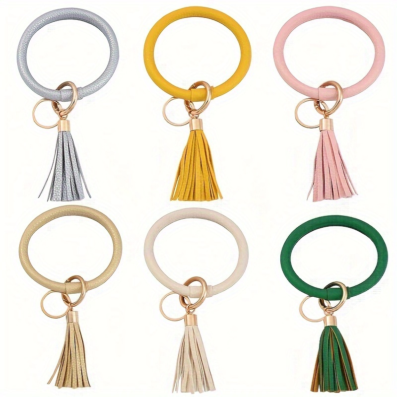 Pu Leather Wristlet Keychain Keyring Tassel Bracelet Women Round Pendant  Bangle