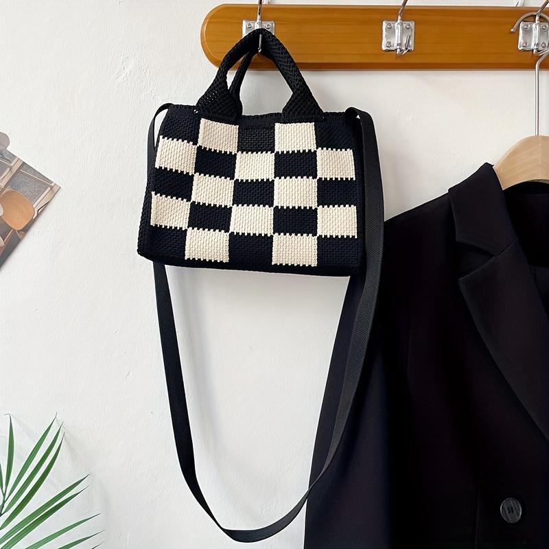 Black and White Checkered Pattern Crochet Bag Tote Bag