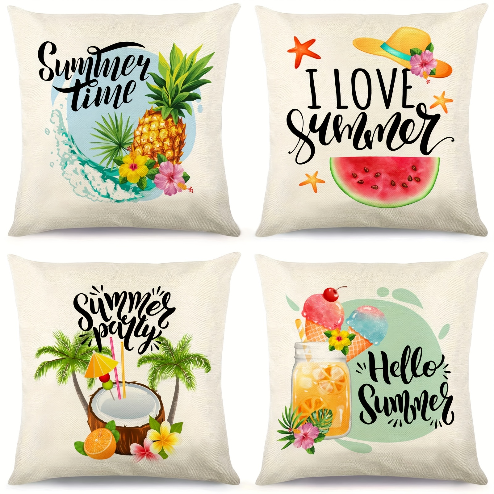 

4pcs Summer Pillow Covers, Watermelon Pineapple Coconut Ice Cream Tropical Throw Pillow Covers, Linen Blend Pillowcase For Sofa Couch Home Decor, 18*18 Inch