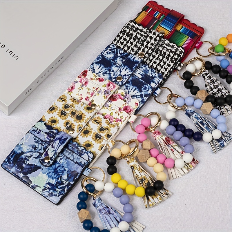 Men's Silicone Bead Bracelet Card Holder Pu Tassel Keychain - Temu