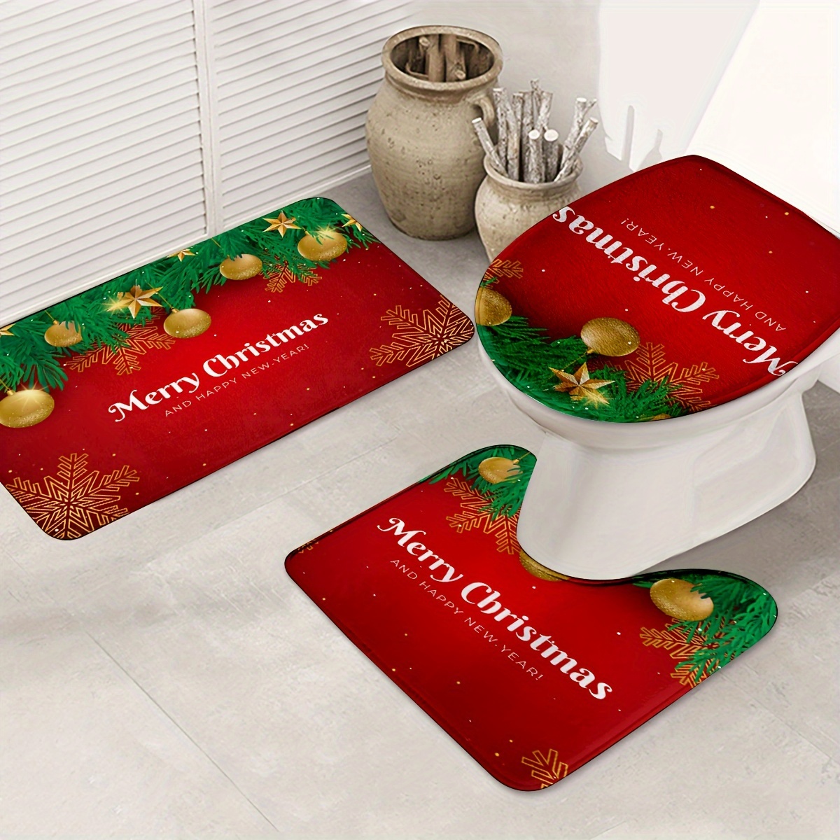 Christmas Pine Needles Flower Pattern Bathroom Rug, Bath Mats Set For  Bathroom, No Silp Washable Cover Floor Rug, Decorations For Bathroom  Bedroom, Set Includes Bath Rug, Contour Mat, And Toilet Lid Cover