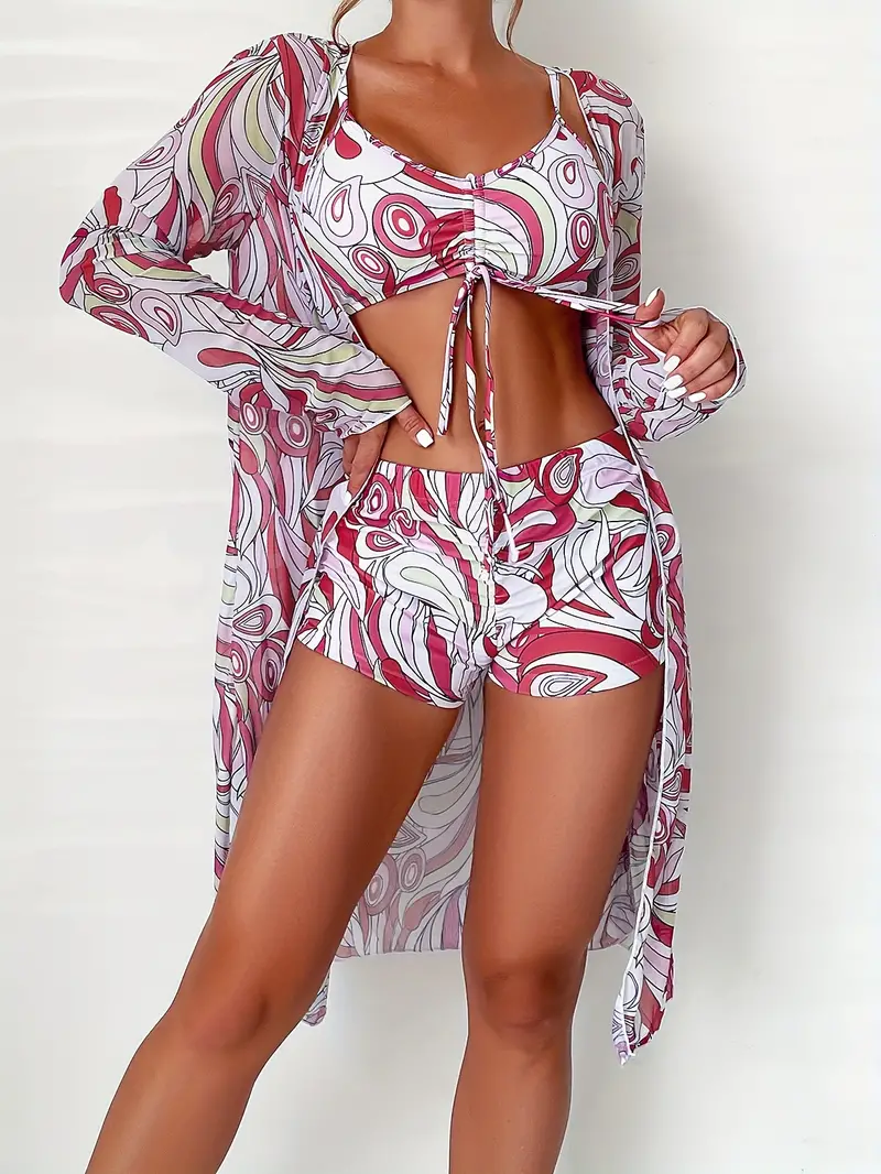 Geometric Print Bikini Sets V Neck Boxer Short Bottom Cover - Temu