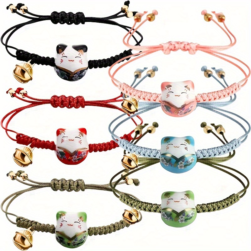 

6pcs Cute Lucky Cat Ceramic Beads Bracelets With Bell Charm, Adjustable Hand Jewelry, New Year's Gift
