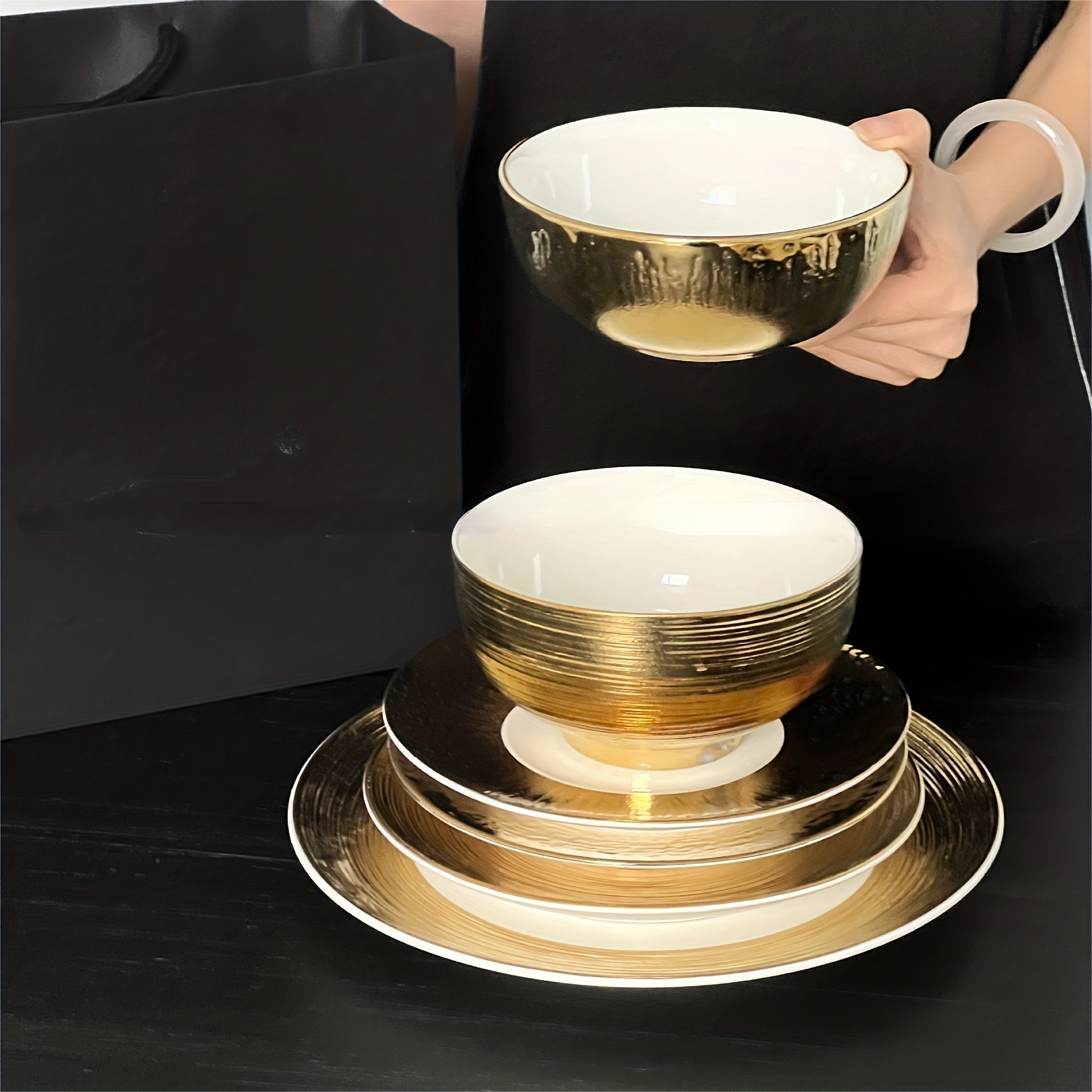 Juego de vajilla de cerámica con borde dorado, plato plano para
