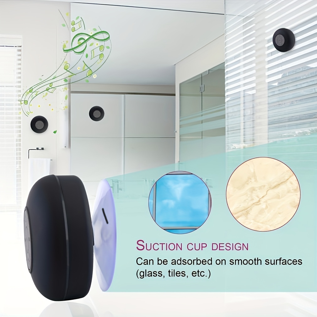 shower bt speaker portable mini wireless speaker with suction cup for bathroom bedroom black speaker 2 hours of battery life for parties travel home and outdoor the suction cup only works on the smooth wall like glass ceramic tile details 6