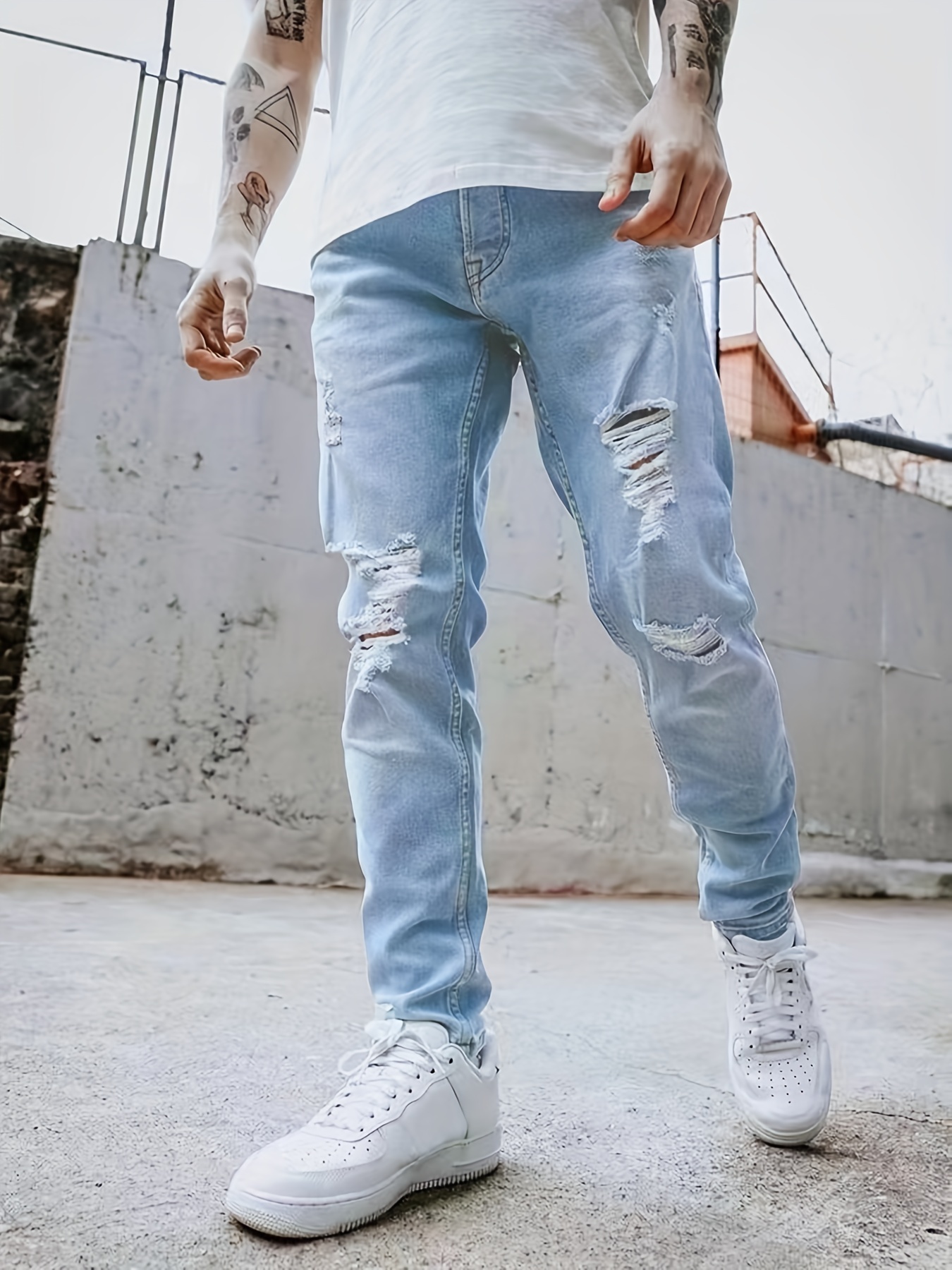Slim Fit Ripped Jeans, Men's Casual Street Style Distressed Medium Stretch  Denim Pants For Spring Summer
