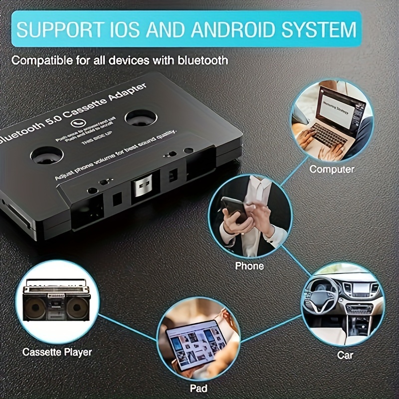 Car Cassette Audio Aux Adapter, Wireless Bluetooth 5.0 Cassette Receiver,  Cassette to Aux Adapter Tape Player, for Listening to Mobile Music and Car