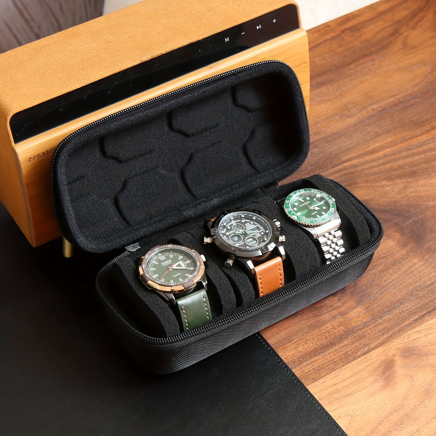 15 ranuras reloj caja organizador/hombres reloj pantalla caja de  almacenamiento se adapta a todos los relojes de pulsera y relojes  inteligentes de hasta 1.654 in - negro : Ropa, Zapatos y Joyería 