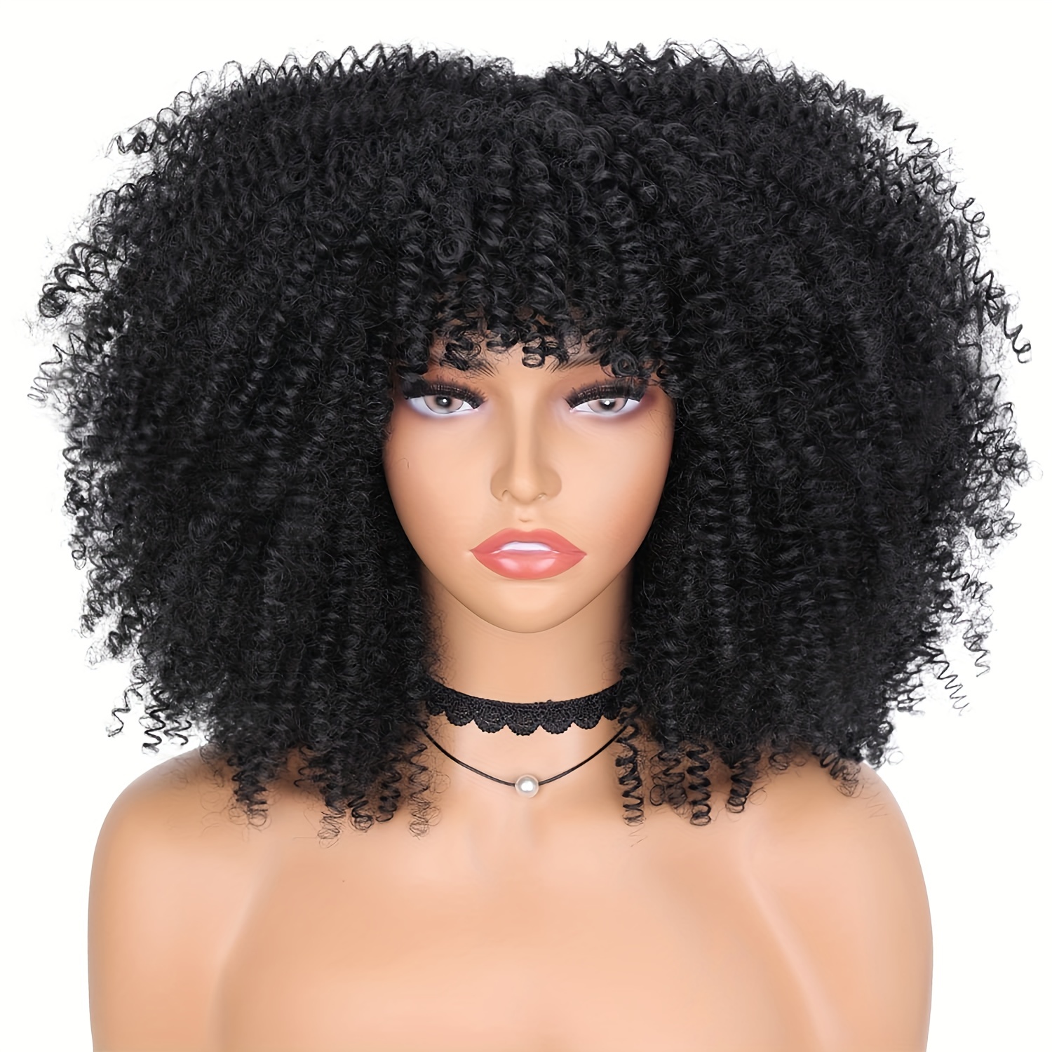 Perucas de cabelo cacheado afro crespo de 16 polegadas com franja