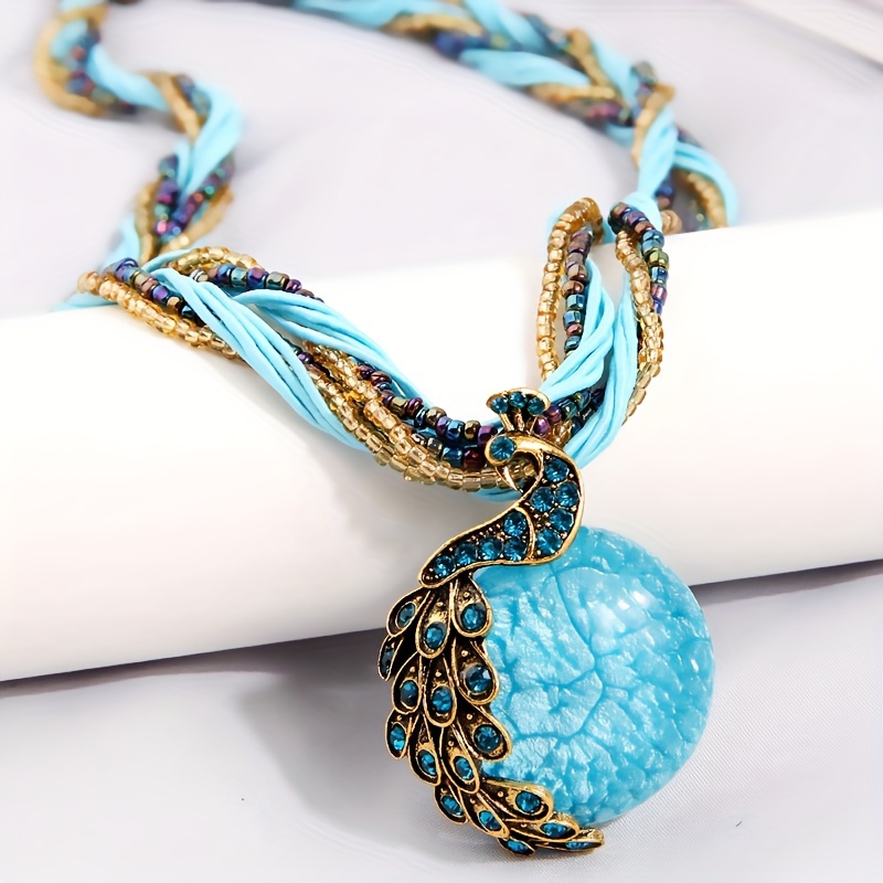 

Bohemian Style Retro Famous Style Peacock Blue Rice Beads Multi-layer Short Necklace Faux Stone Pendant Necklace Jewelry Gift For Women