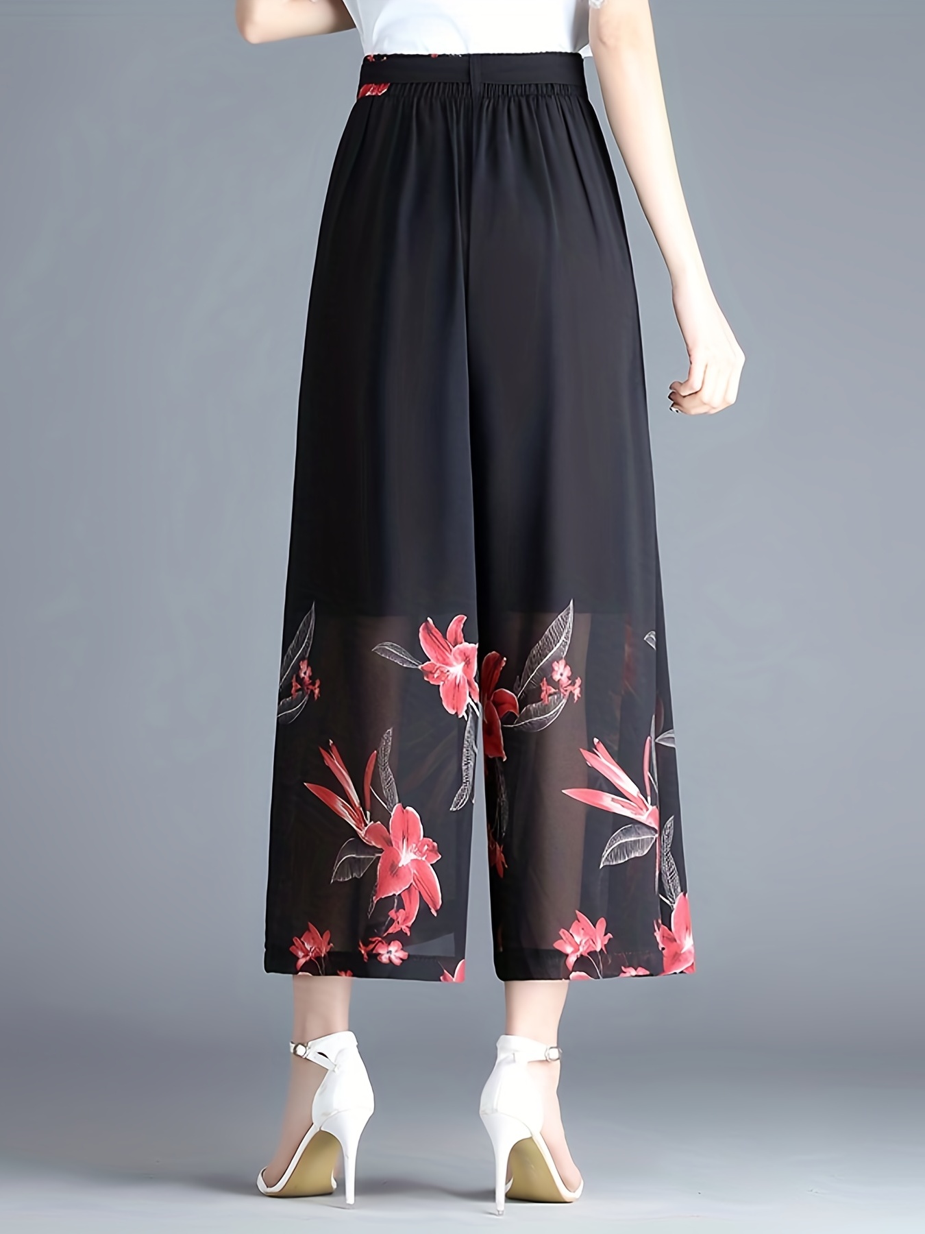 Floral Print Cropped Pants Elegant High Waist Wide Leg Pants - Temu