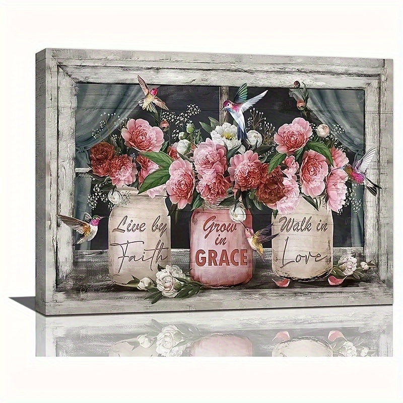 

1pc Wooden Framed Farmhouse Canvas Wall Art, Pink Rose Wall Decor, Mason Jar Hummingbird Pictures Painting Prints Framed Decor Country Home Artwork For Bedroom Bathroom Living Room 11.8inx15.7inch