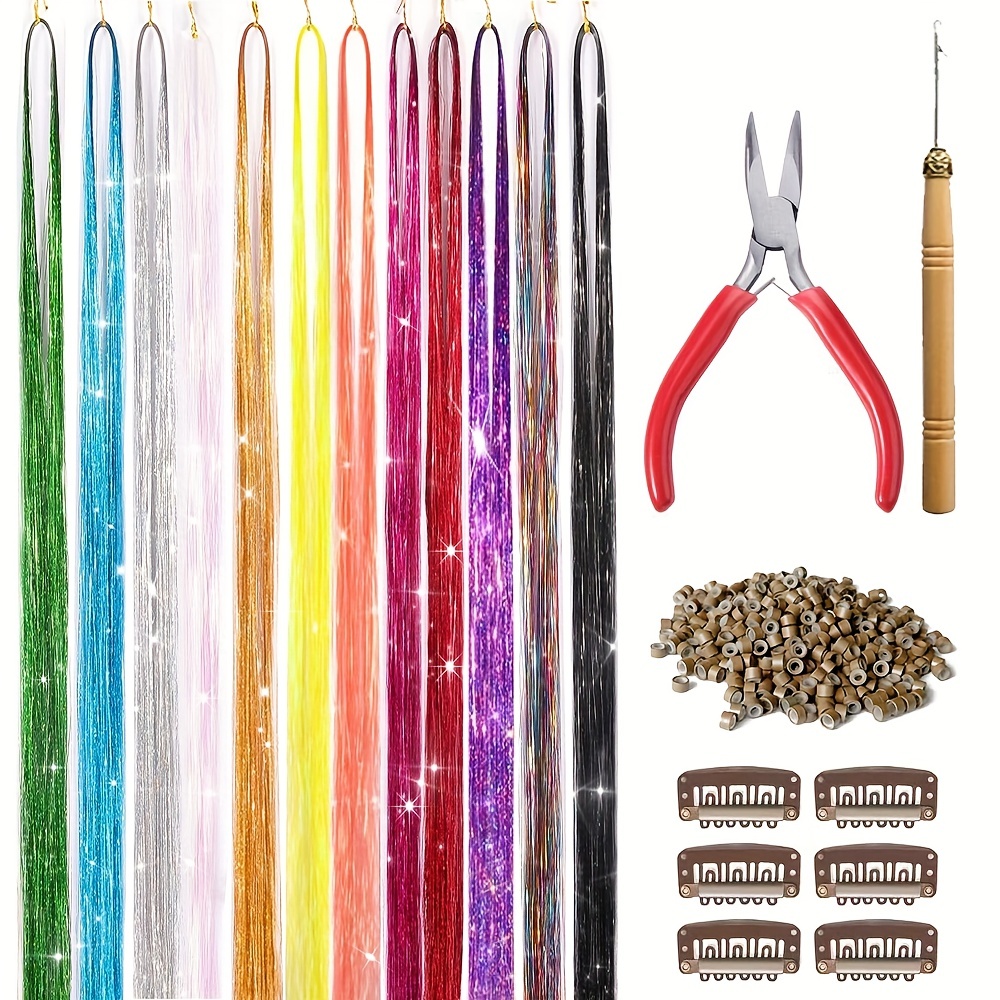 Hair Tinsel Hair Strands Hair Extensions Sparkling Shiny Hair Pieces  Christmas Cosplay Party Halloween Pliers Crochet Hooks with Tools Kit – the  best products in the Joom Geek online store