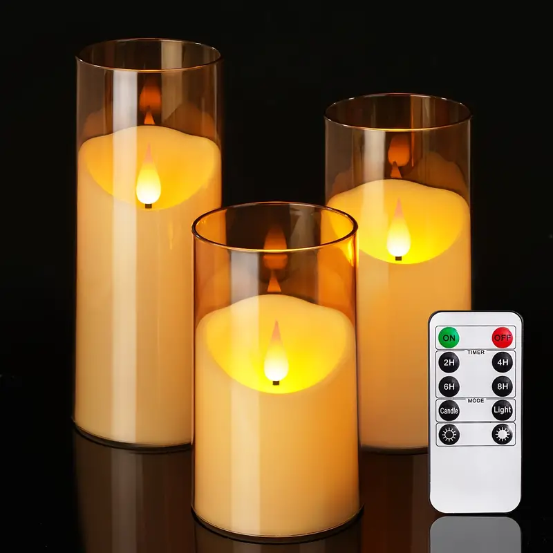 3 Stück Goldene Flackernde Flammenlose Kerze, Batteriebetriebene  Acryl-LED-Stumpenkerze, Weicher 3D-Lichthalter, Mit Fernbedienung Und  Timer