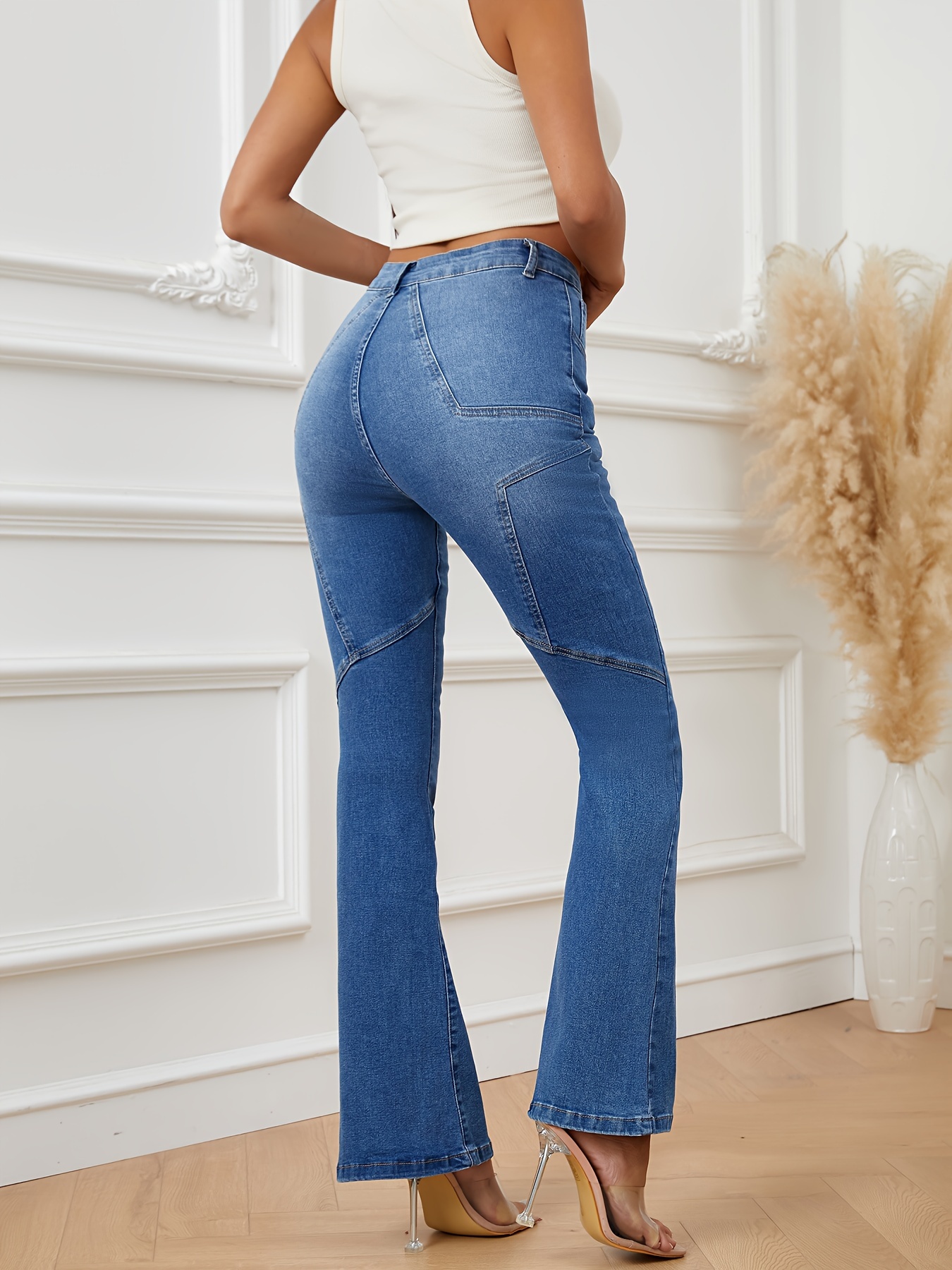 Blue High stretch Bootcut Jeans Slant Pockets Slim Fit - Temu