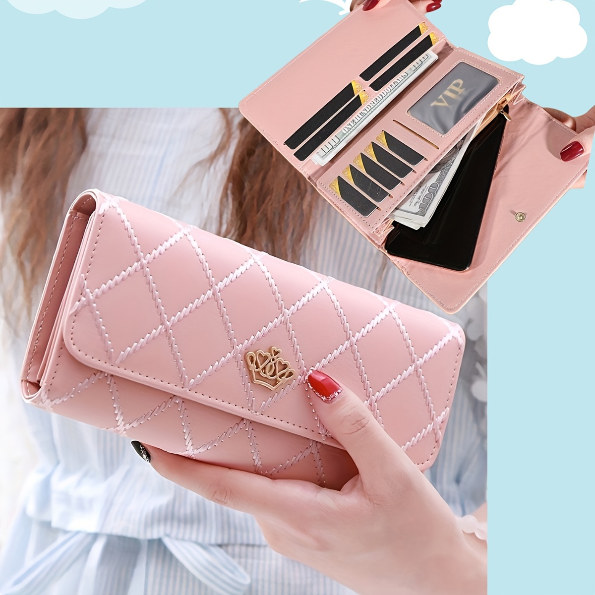 Argyle Embroidery Long Wallet, Women's Pu Leather Clutch Purse, Foldable  Coin Bag With Multi Card Slots - Temu