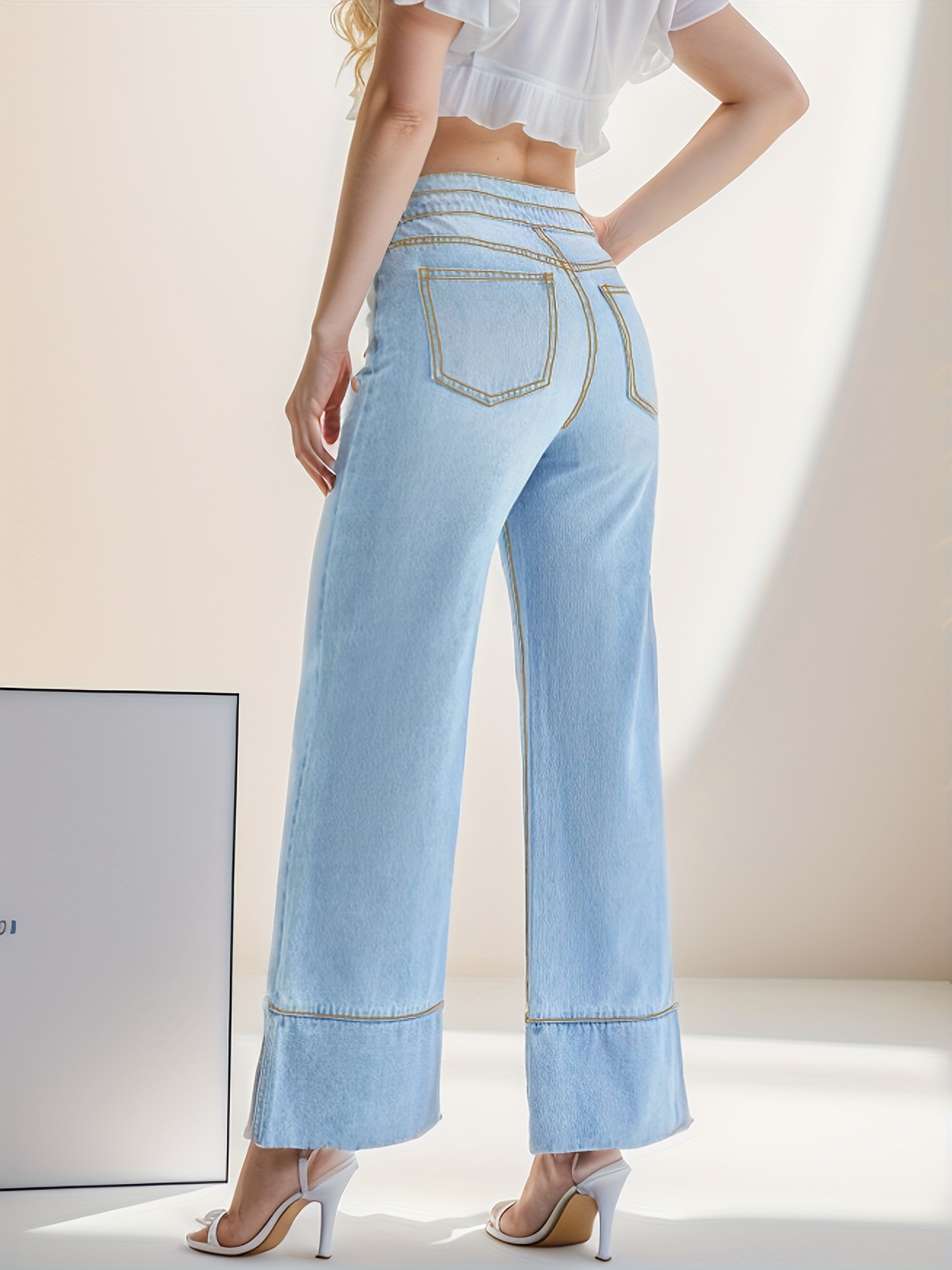 Women s High Waist Baggy Jeans Double Button High Stretch Wide Leg 