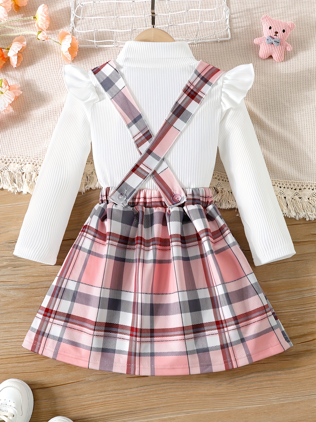 2pcsの女の子のチェック柄のドレスのアウトフィット、リブトップ＆オーバーオールドレスセット、春秋の子供服