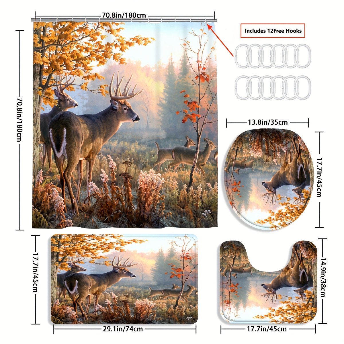 Deer Print Shower Curtain Set, Bathroom Rug, U-shape Mat, Toilet