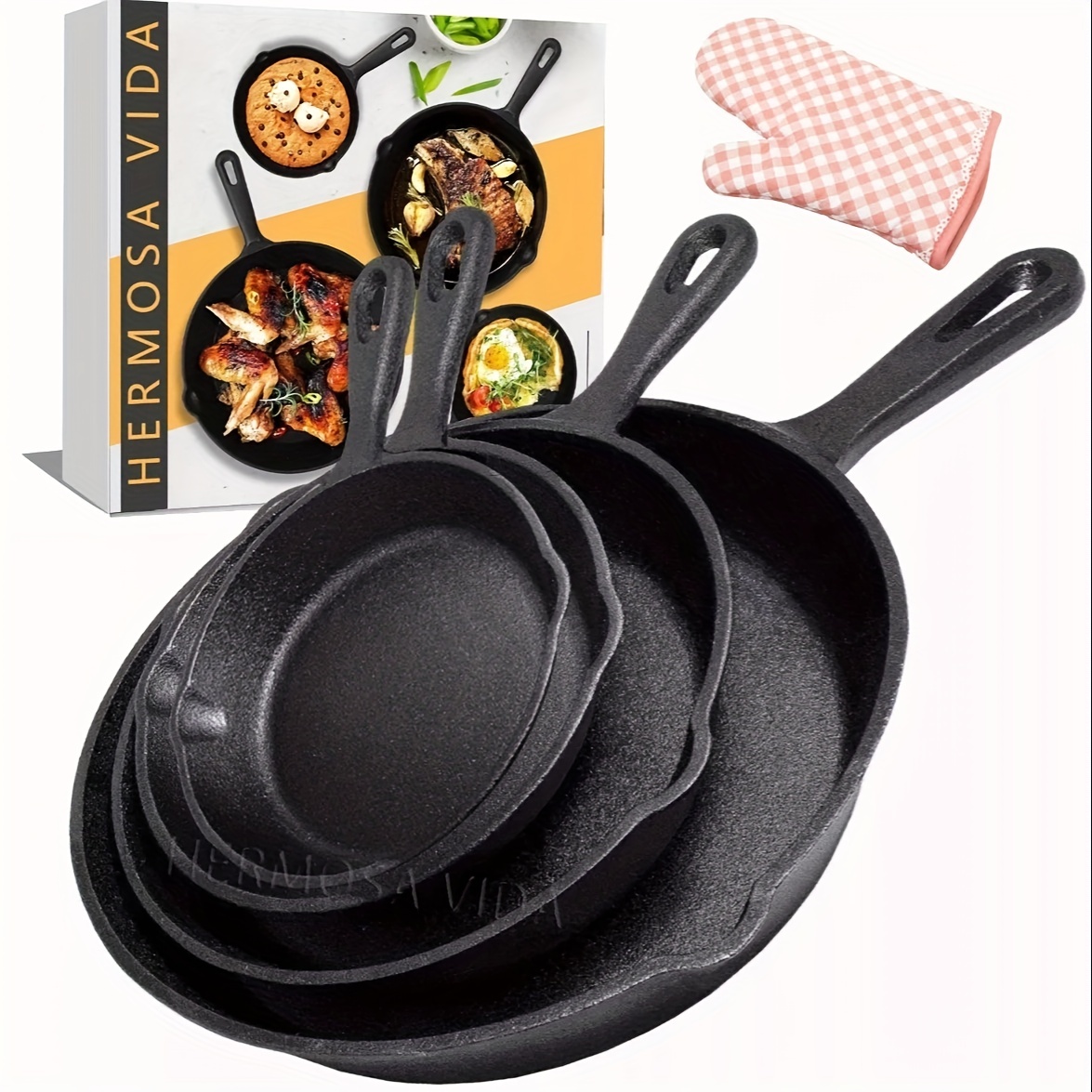  Simple Chef Cast Iron Skillet 3-Piece Set - Heavy-Duty  Professional Restaurant Chef Quality Pre-Seasoned Pan Cookware Set - 10,  8, 6 Pans - For Frying, Saute, Cooking, Pizza & More,Black: Home