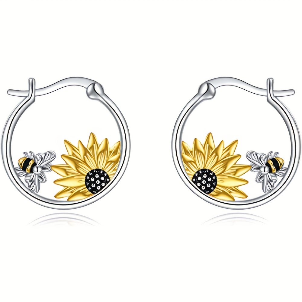 

Exquisite Sunflower & Bee Decor Hoop Earrings Retro Bohemian Style Alloy Jewelry Adorable Gift For Women Casual Dating Decor