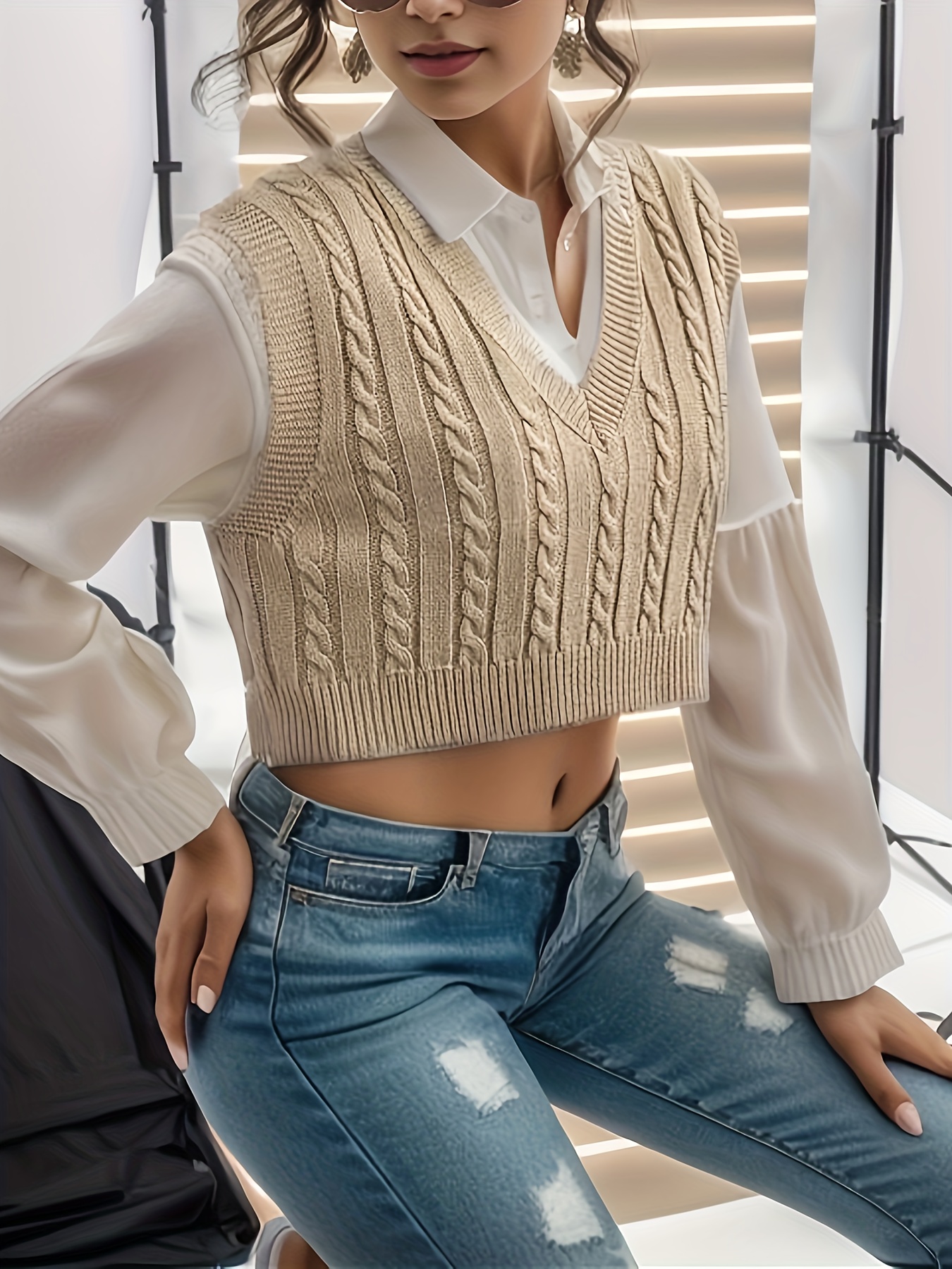 Women's Cable-Knit V-Neck Sweater, Women's Tops
