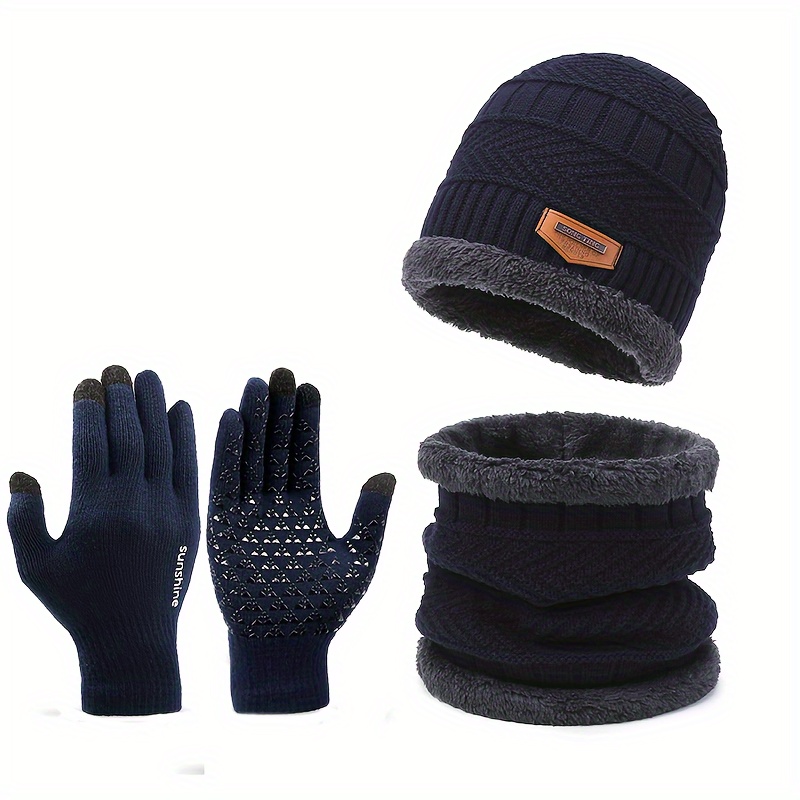 Winter Men Beanie Hat, Scarf, Touch Screen Gloves, 3 Pieces Winter