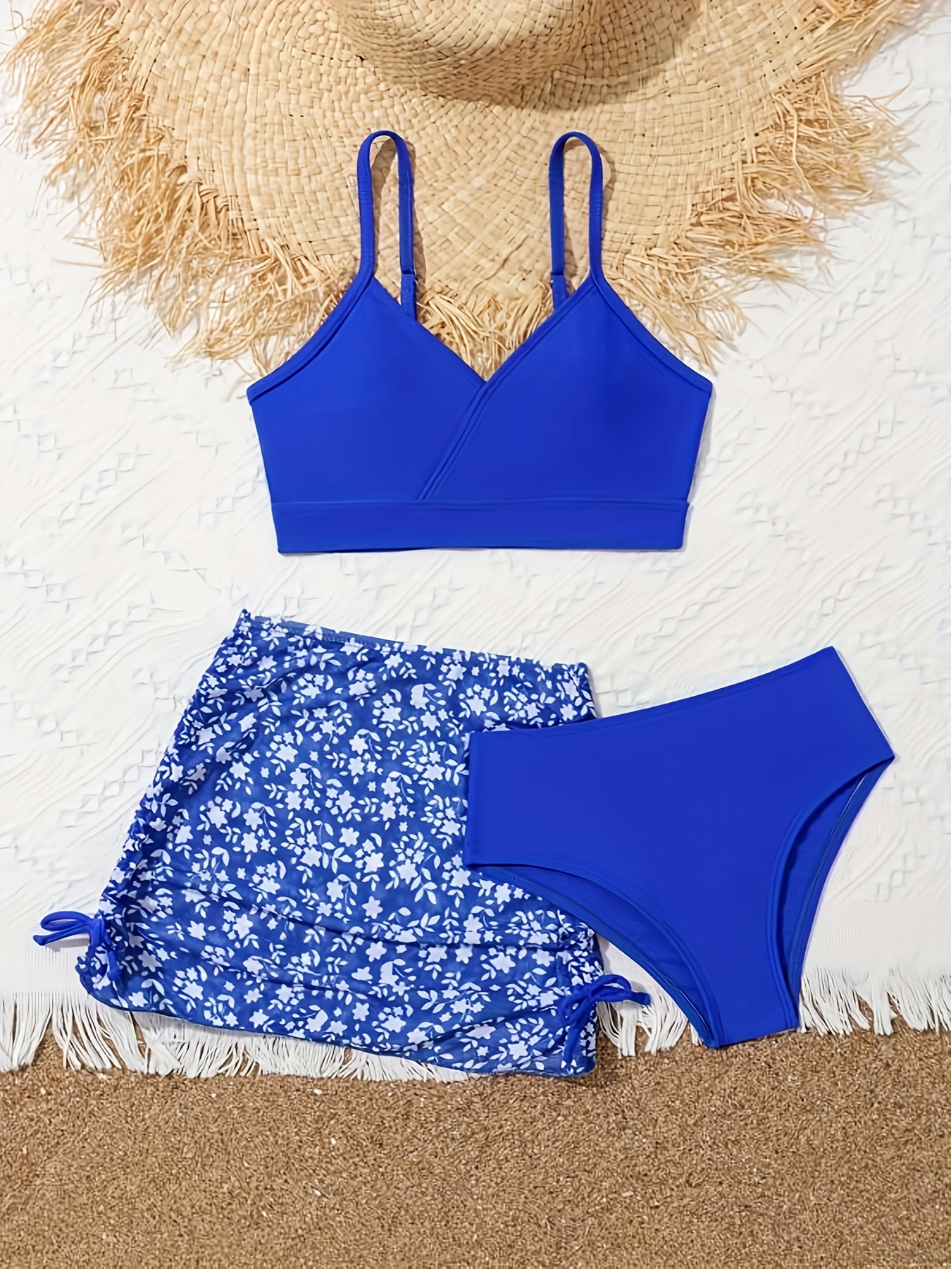 Tween Girl Blue Swimsuit V neck Bikini Set Ruched Temu United Kingdom