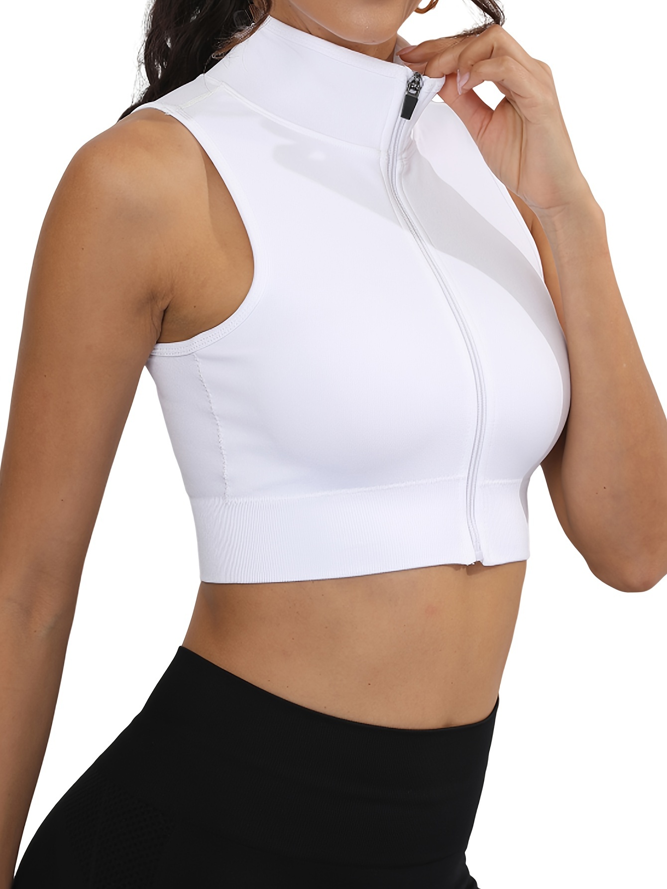 Casual Sweat-absorbing Breathable Zip Up Crop Sports Tank Top, Sleeveless  Stand Collar Sports Slim Fit Crop Tops, Women's Tops