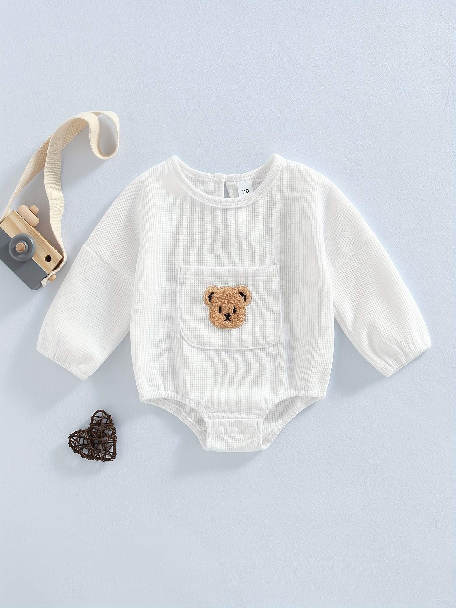 Baby Girls Romper Knit Clothes Cute Waffle Bear Pocket - Temu