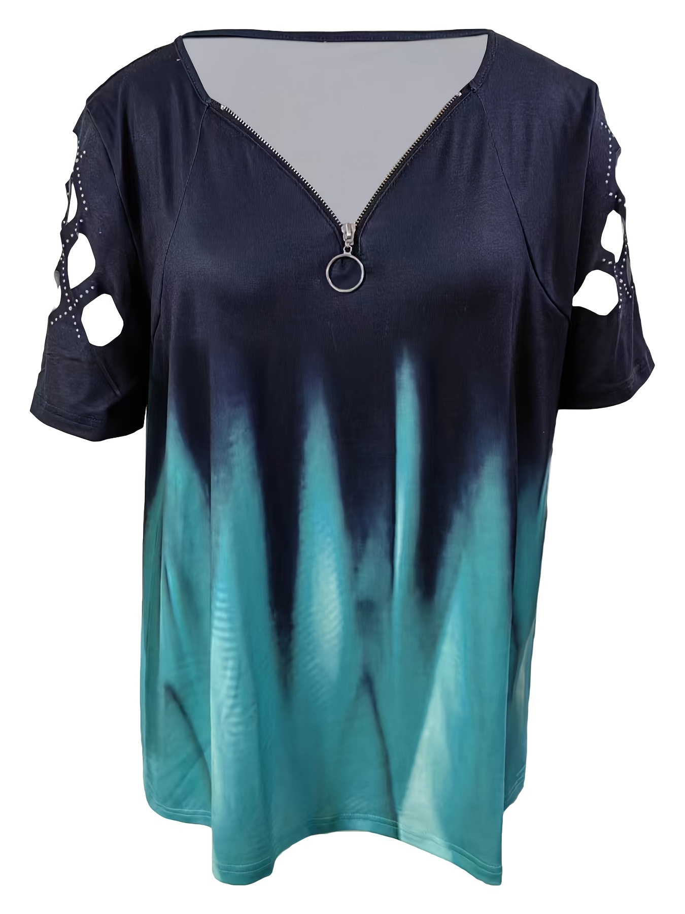 Plus Size Cut Out Zip Front Top, Casual V Neck Short Sleeve Top, Women's  Plus Size Clothing