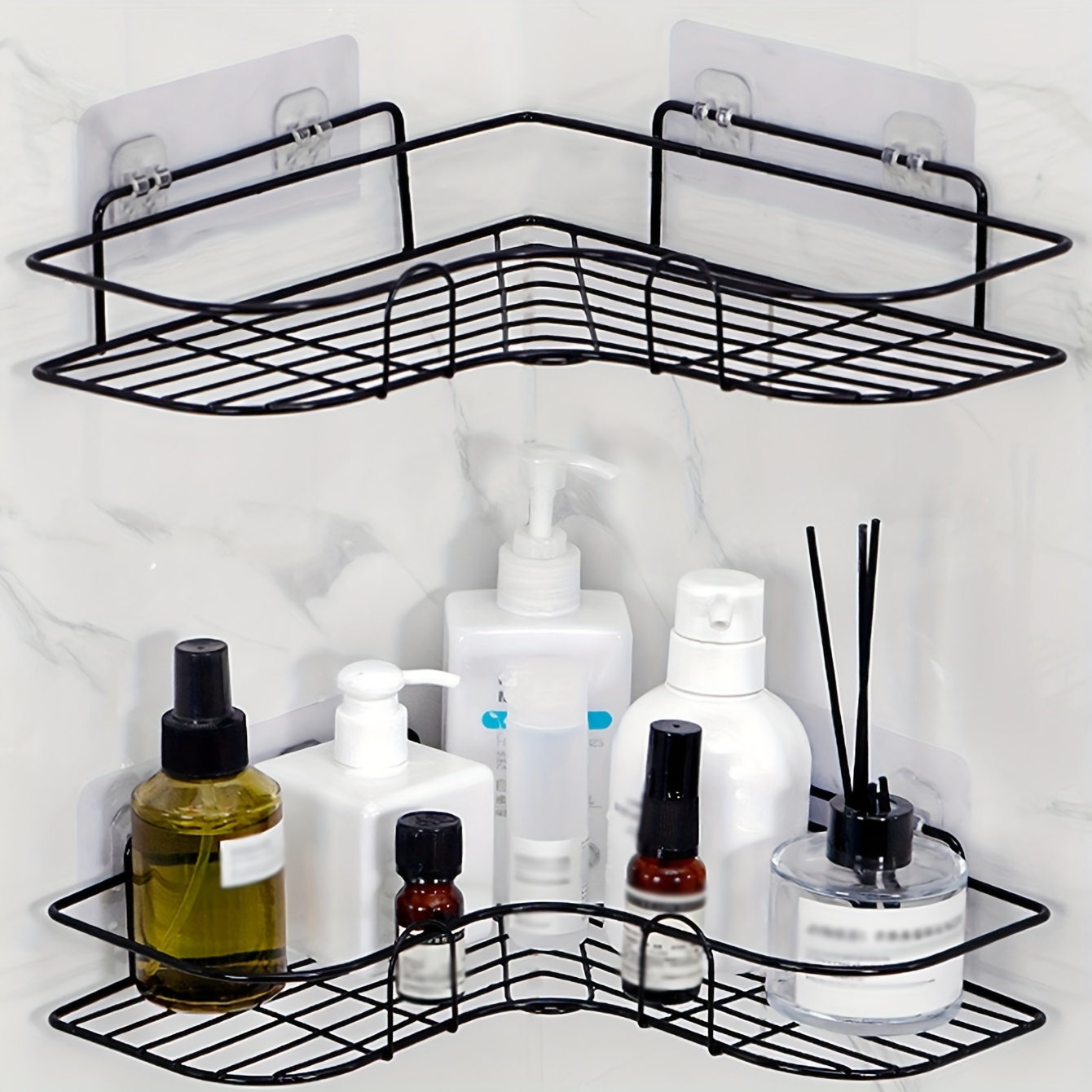 2 Pcs Adhesive Acrylic Corner Shower Caddy Shelf with Hooks Hollow Wall  Mounted No Drilling Clear Corner Shelf for Shower Kitchen Organizer